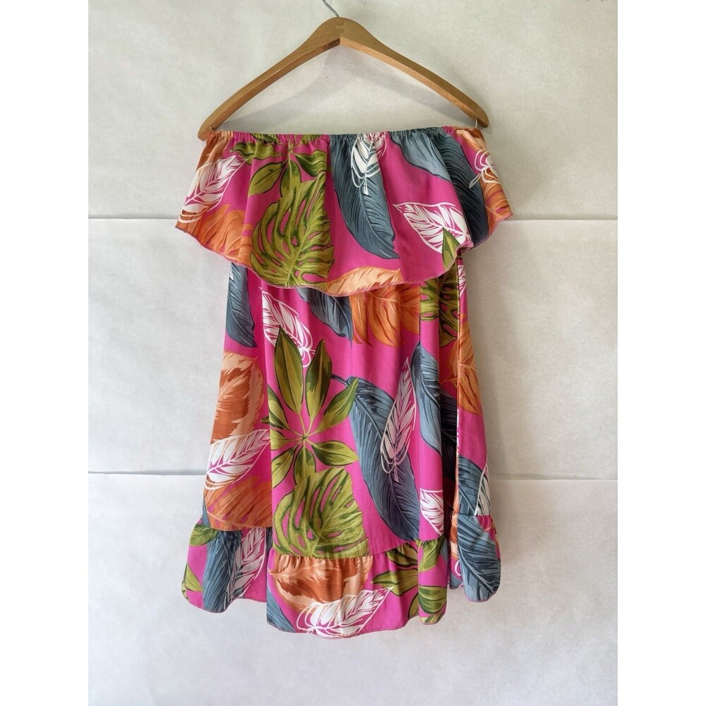 Women's Small Strapless Pink/White/Blue Tropical Dress Floral Leaf Hawaii Beach